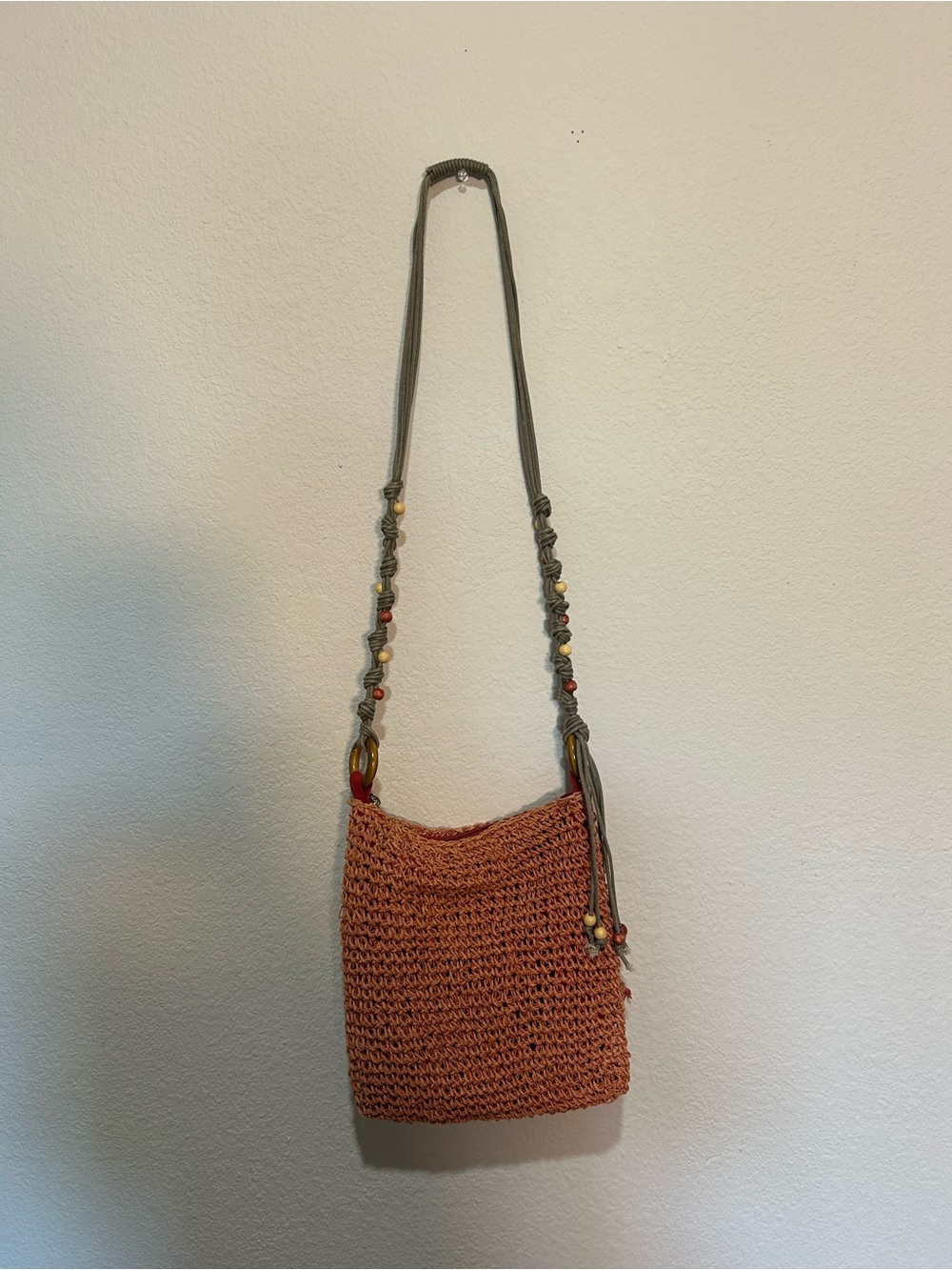 Handwoven Rust Crochet Crossbody Bag with Beaded/Shell Strap
